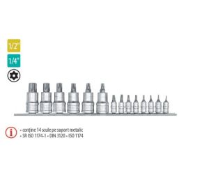 Set 14 capete tubulare cu bituri Tamper Torx 1/4”- 1/2”